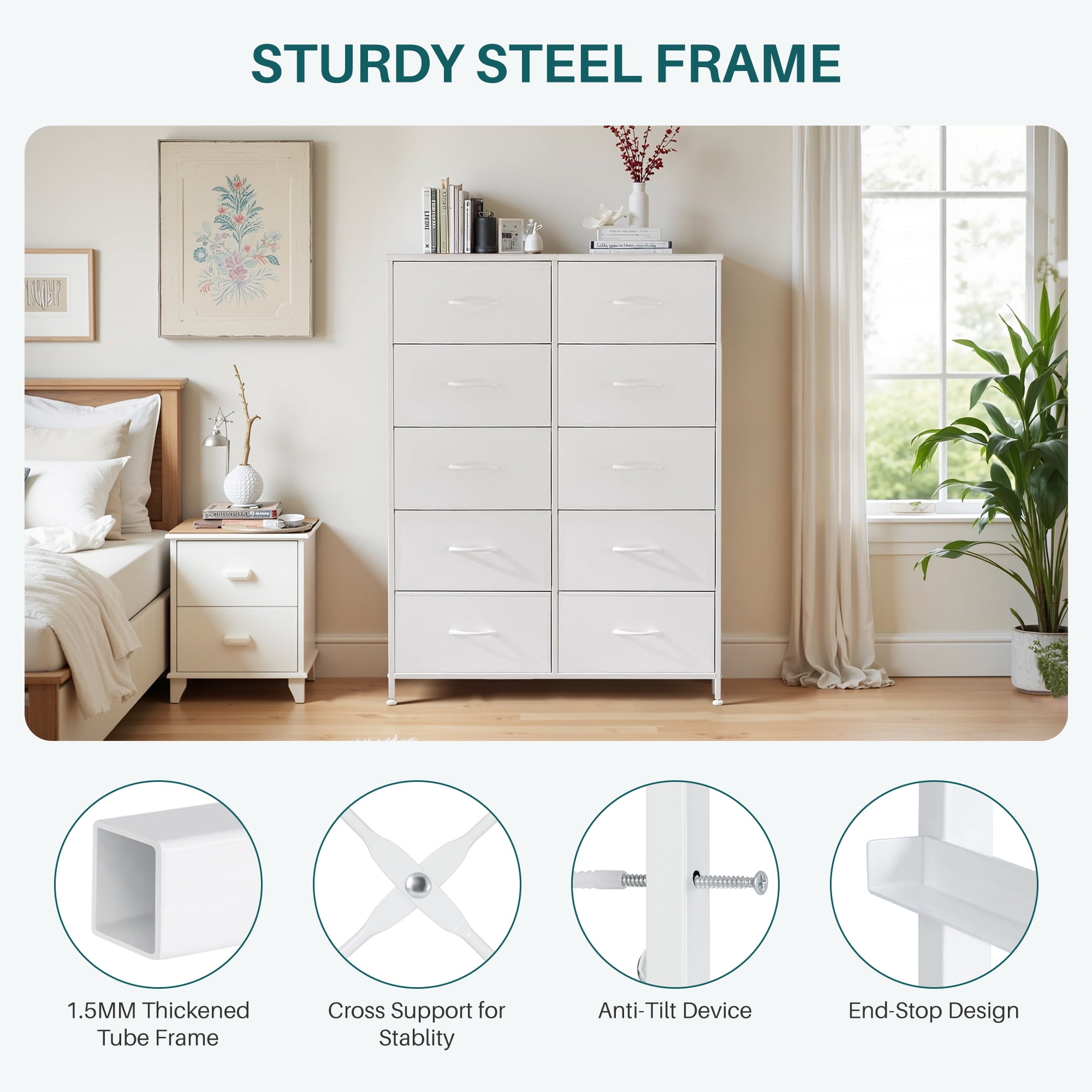 Nextay 10-Drawer Fabric Dresser for Bedroom, Storage Dresser Closet with Steel Frame & Wooden Top for Living Room, Dressing Room, Entryway, White