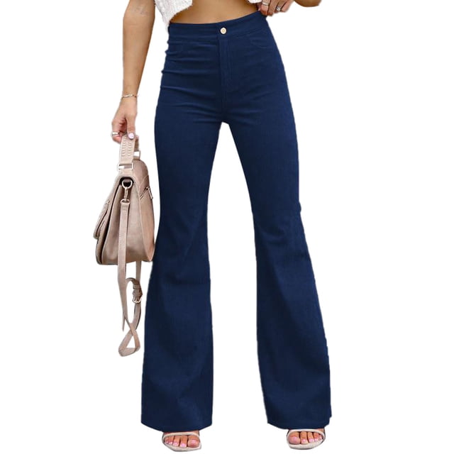 Pantalones acampanados de pana de talle alto y corte ajustado en azul marino para mujer, otoño-invierno, talla L