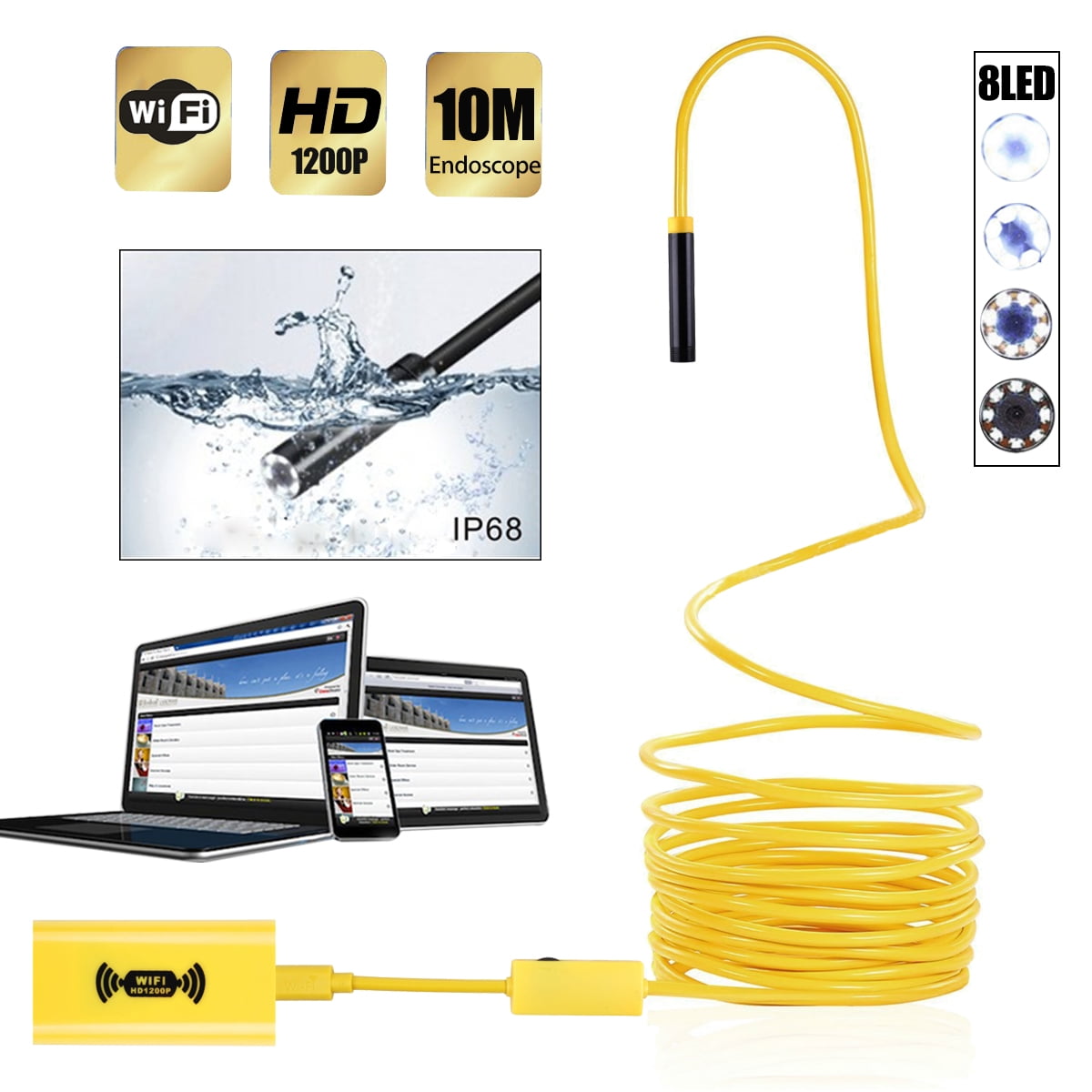 10M 8LED 1200P HD WiFi Endoscope Borescope Inspection Camera for iPhone Android 