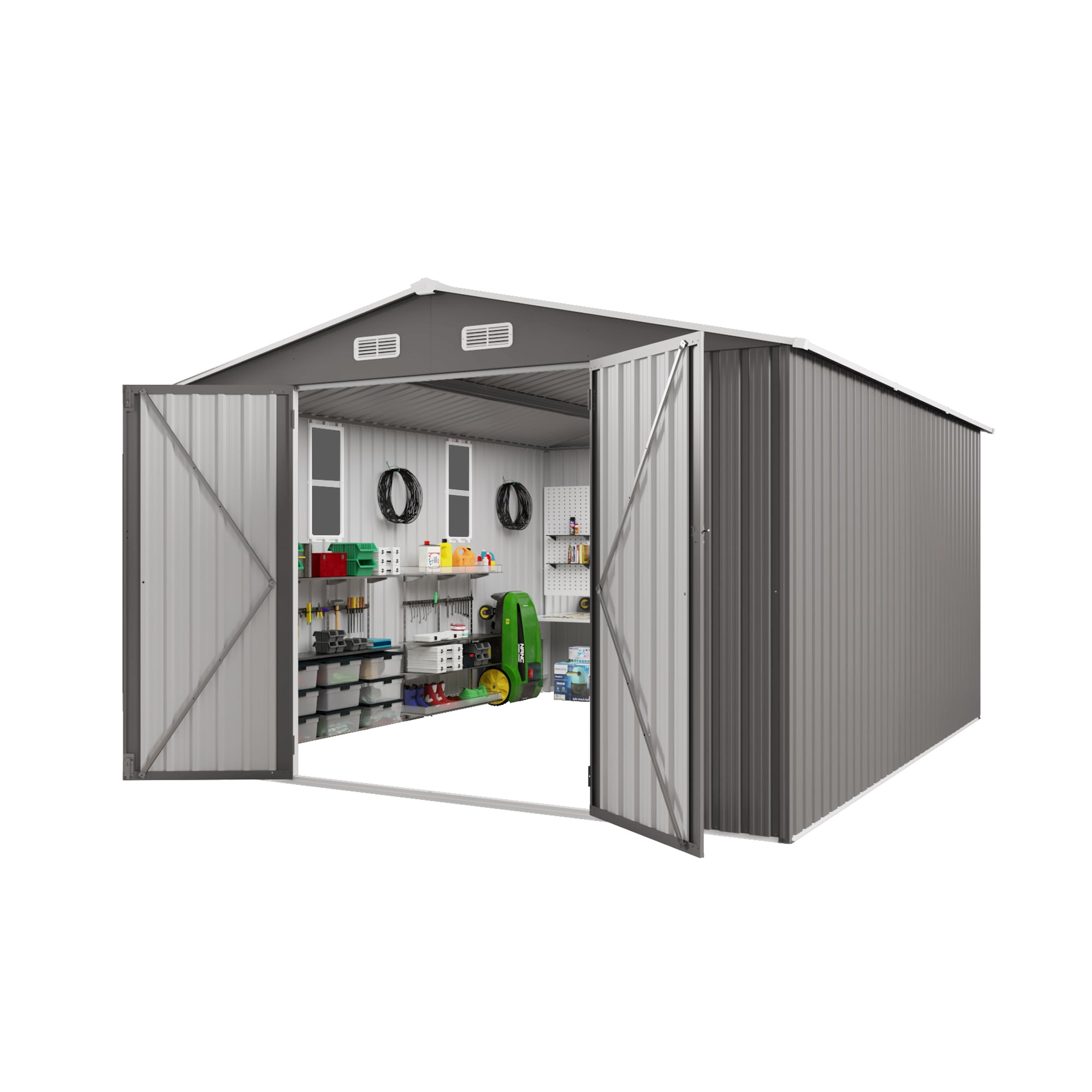 Extra Large Metal Utility Shed - Lockable Door Design with Clear Window for Lawn Equipment