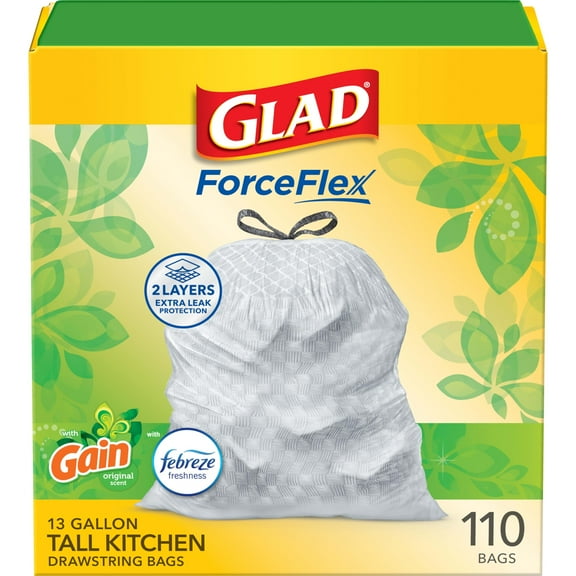 Glad Tall Kitchen Trash Bags 13 Gallon, Gain Original Garbage Bags, Odorshield with Drawstring, 110 Count