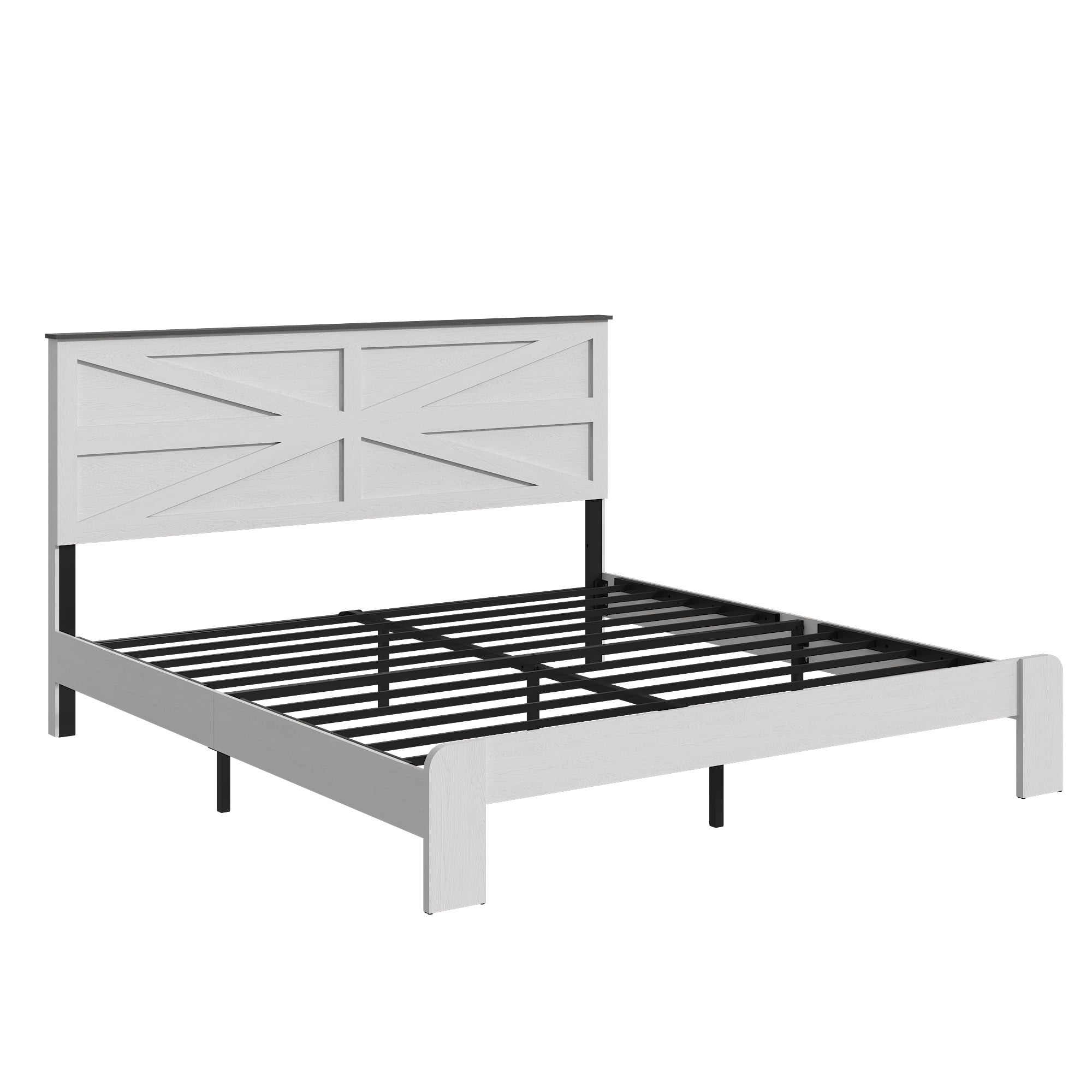 PORKISS Queen White Farmhouse Bed Frame with Geometric Headboard, Platform Bed Frame with Under-Bed Storage, Metal Slat Support, No Box Spring Needed