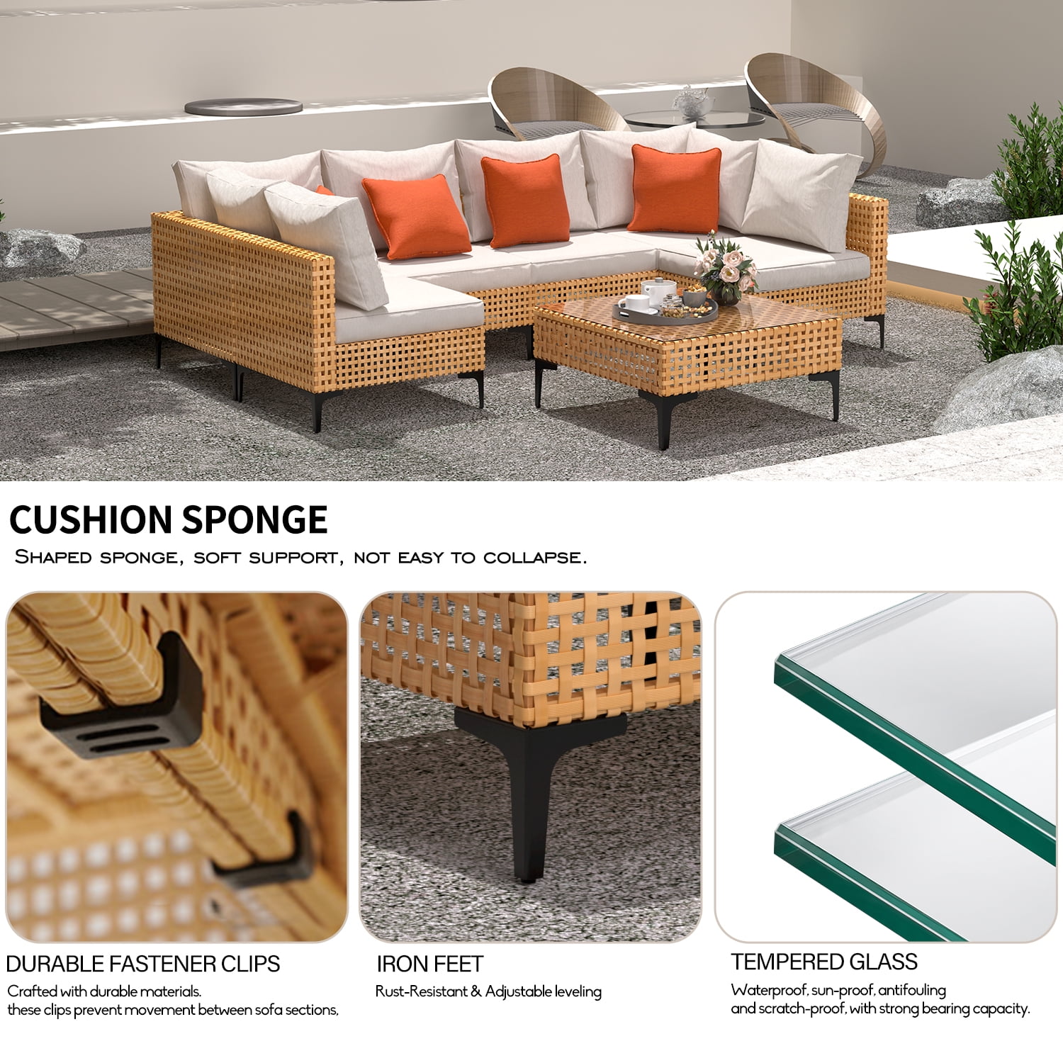 7 Piece Outdoor Patio Furniture Set Modular Outdoor Furniture Set Wicker Outdoor Sectional Sofa with Cushions and Tea Table Patio Set for Balcony Porch Deck (Yellow Wicker, Beige Cushion)