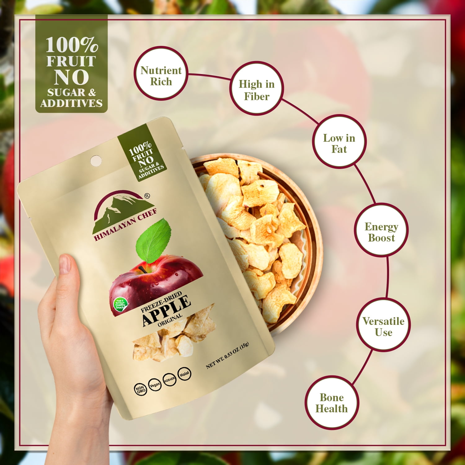 Himalayan Chef Freeze-Dried Apple 15g/Each (Pack of 10) | Organic Dried Fruit Snacks, Healthy Snack for Kids & Adults | Baby Snacks, Freeze-Dried Fruit