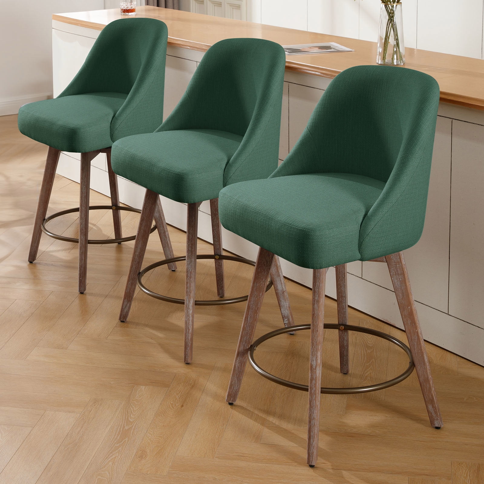 Foreate Swivel Bar Stools Set of 1, 26" Counter Height, Upholstered Linen Fabric with Mid-Back & Wood Legs, Modern Chair Island Stool for Kitchen Pub, Green