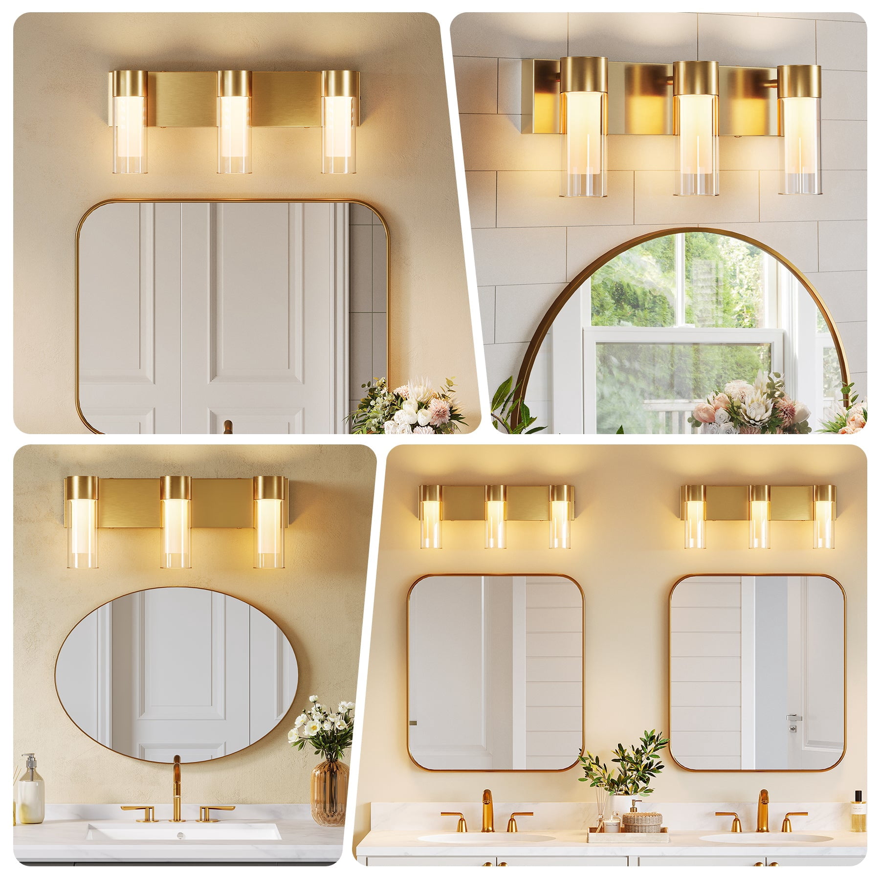 Fnova 19.7" LED Gold Vanity Lights, Modern 3CCT Dimmable Bathroom Light Fixtures with Double Glass Shade, (ETL Listed, Bulbs Included)