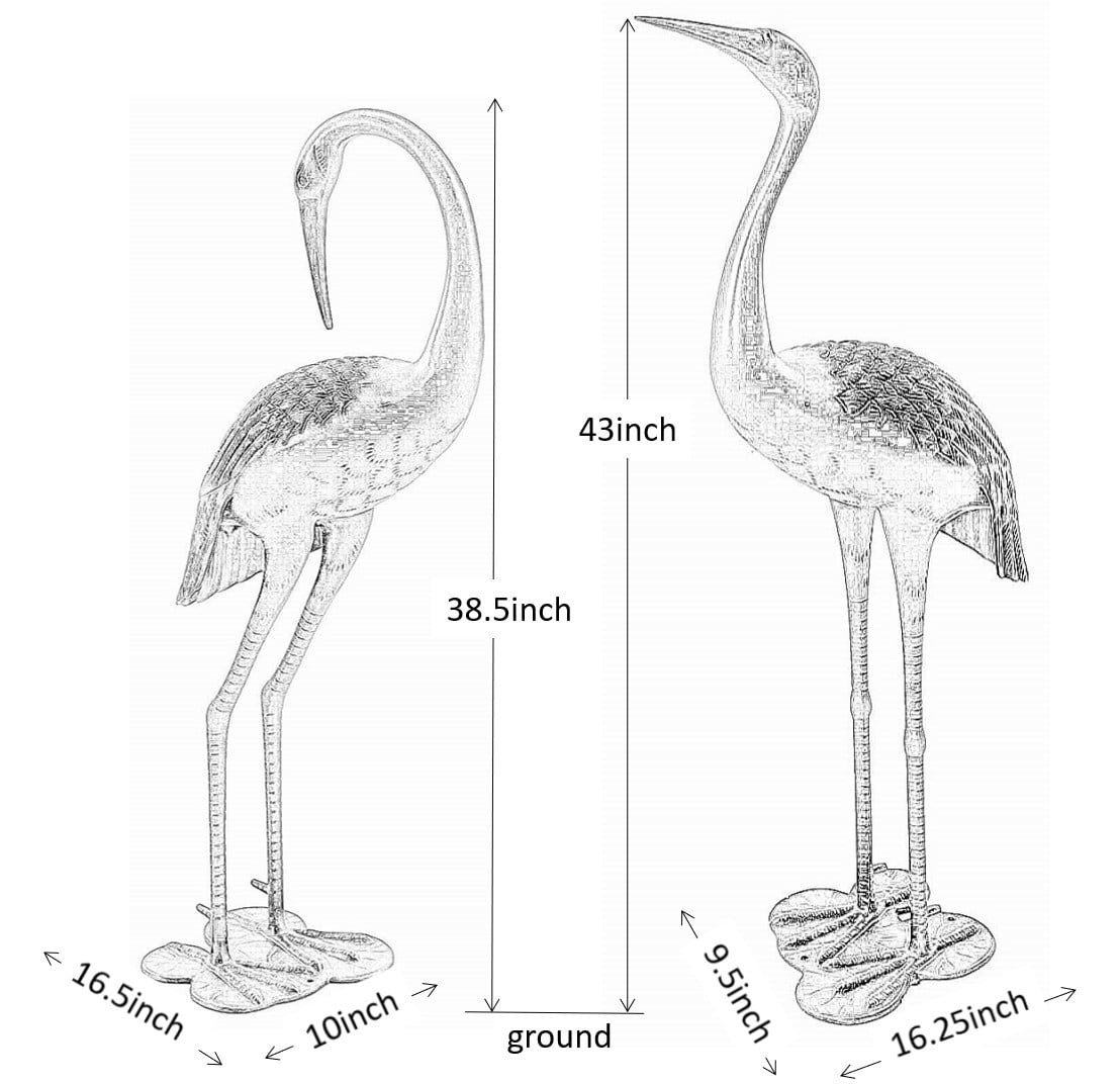 Westcharm Antique Bronze Garden Crane Pair Statue - Upright and Preening Sculpture Set (Male 19" W x 10" D x 43.5" H; Female 12" W x 10" D x 39.5" H)