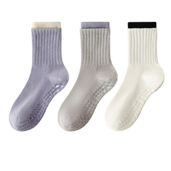 Womens Non-Slip Grip Crew Socks 3 Pair Pack Custom Color Combos Soft Ribbed Cotton with 3D Silicone Heel - 3 pcs-F