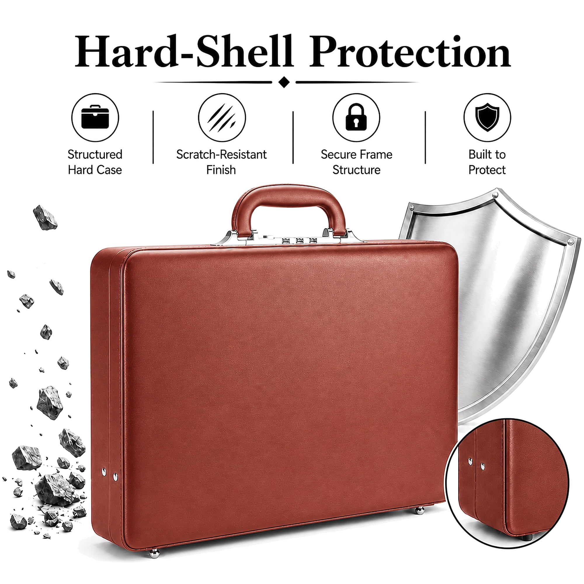 HAESTUS Briefcases for Men, Professional Leather Briefcase with Lock, Hard Shell Business Brief Case, Attache Case for 15.6" Laptop, Mens Hard Briefcase for Work Office Travel, Brown | Center Lock