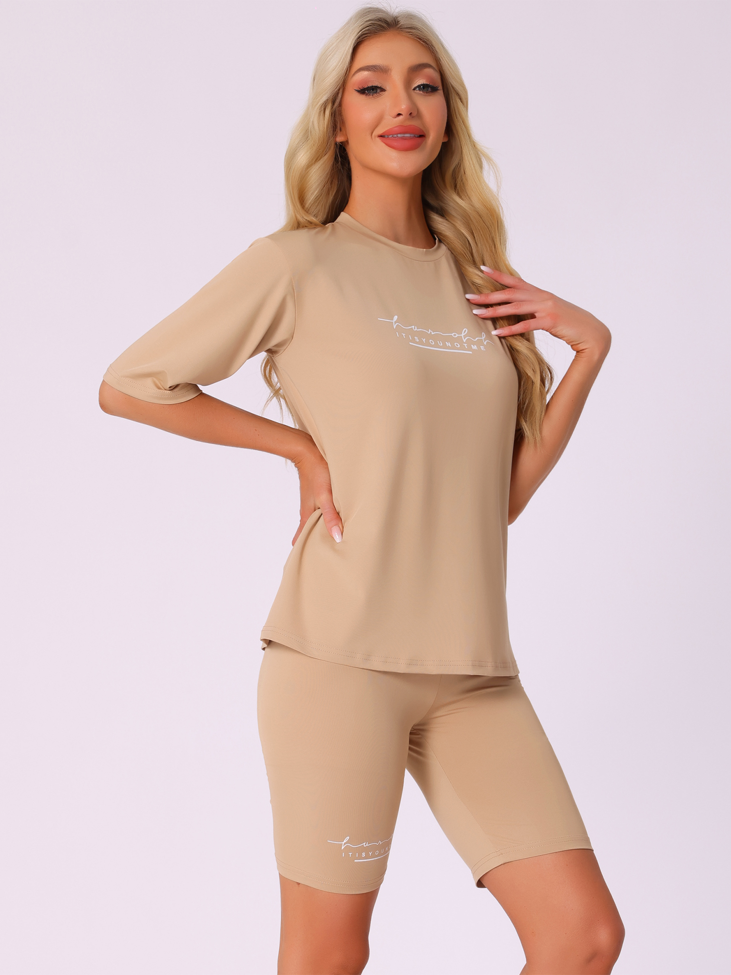 DARING DIVA Womens 2 Pieces Biker Shorts Set Outfits T-Shirt Lounge Wear L Khaki