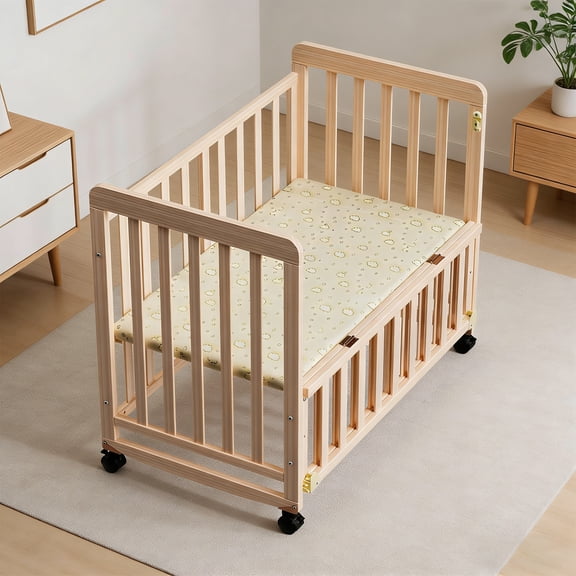 Baby Bassinet Bedside Sleeper - Portable Pine Wood 3-in-1 Mini Crib with Mattress, 3 Adjustable Heights, Space-Saving Design for Newborns 0-36 Months - Natural Wood
