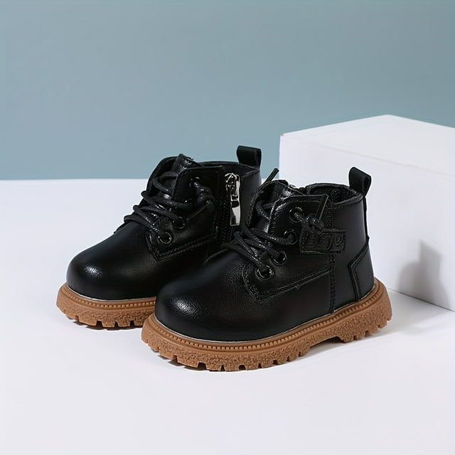 SNNROO Trendy Cool Solid Color Boots With Side Zipper For Baby Boys Wear-resistant Non-slip Boots For Spring And Autumn