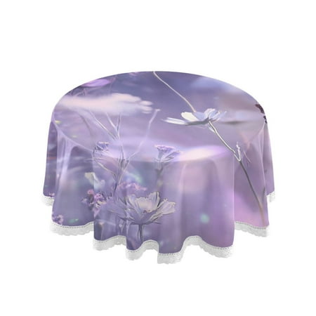 

60 Round Tablecloth with White Lace Trim Wrinkle & Heat-Resistant Table Cover for Dining and Home Decor Purple and White Field Of Wildflower