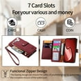thumbnail image 6 of For iPhone 16 Pro Leather Phone Case Wallet Zipper Pocket Pouch Folio Flip Cover Kickstand, Multi Anti-theft Card Holder Cash Slot, Double Magnetic Buckle, Wrist Lanyard,Red,For iPhone 16 Pro, 6 of 12