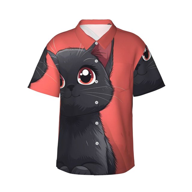 Balery Cute Black Kitten Cartoon Camisas hawaianas de manga corta para hombre, camisas playeras de corte holgado, camisas de vacaciones con botones,X-Large