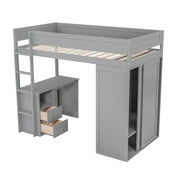 Euroco Wood Twin Size Loft Bed with Desk and Wardrobe, Gray