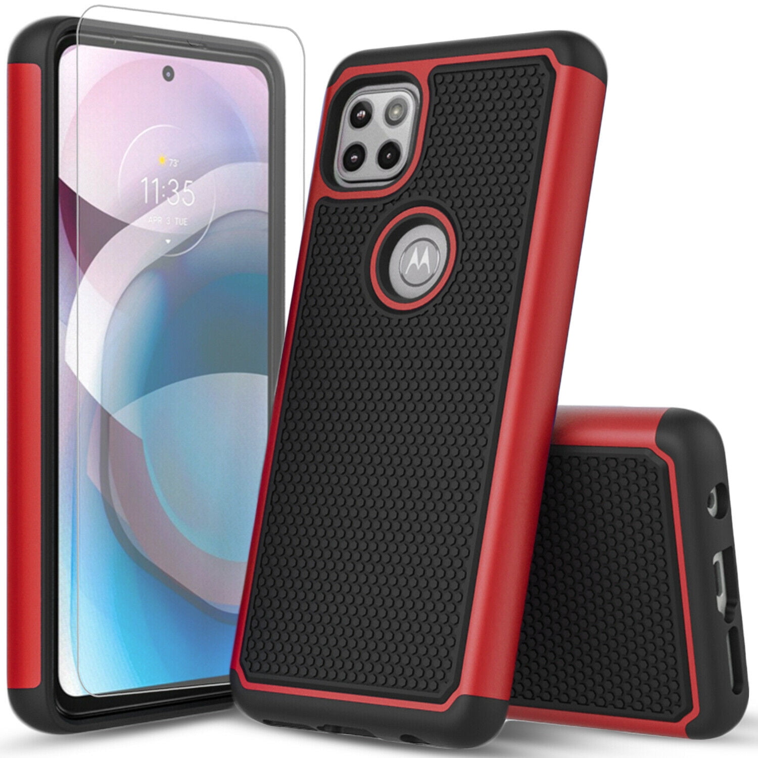 Motorola One 5G ACE Phone Case, Military Grade 6 Feet Drop Test Protection Dual Layer Cover with [Temerped Glass Screen Protector]-Red