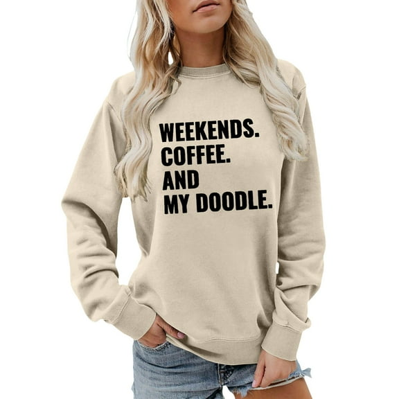 Arlun Weekends Coffee and My Doodle Sweatshirts for Women Doodle Mom Letter Printed Crewneck Pullover Tops Long Sleeve Baggy Cozy Doodle Dog Lover Hoodless Tops Gift Beige XL