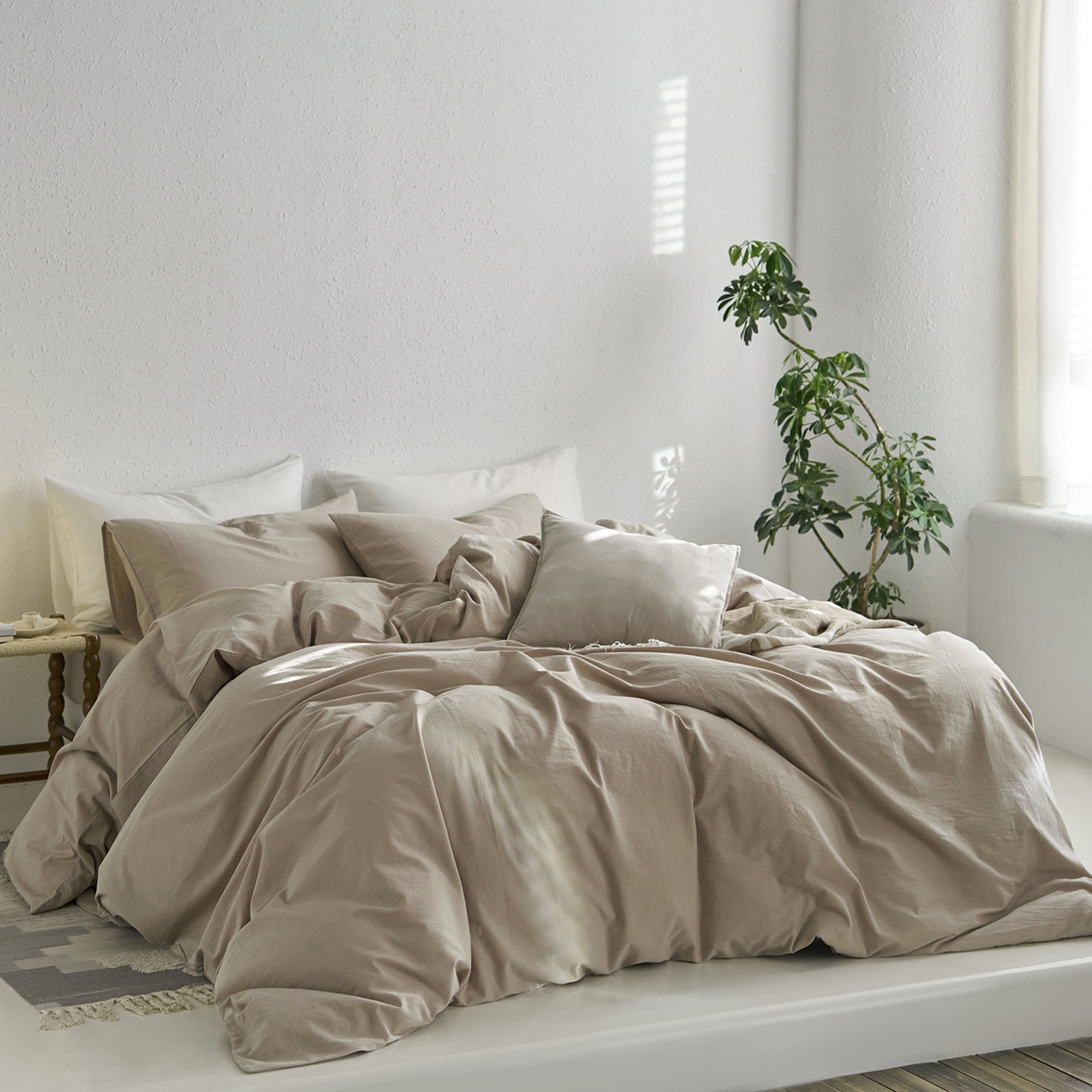 MooMee Duvet Cover Set Twin 100% Washed Cotton Twill Ultra-Soft Breathable Linen Like 2-Piece (Tannish Linen Grey, 68"x90")