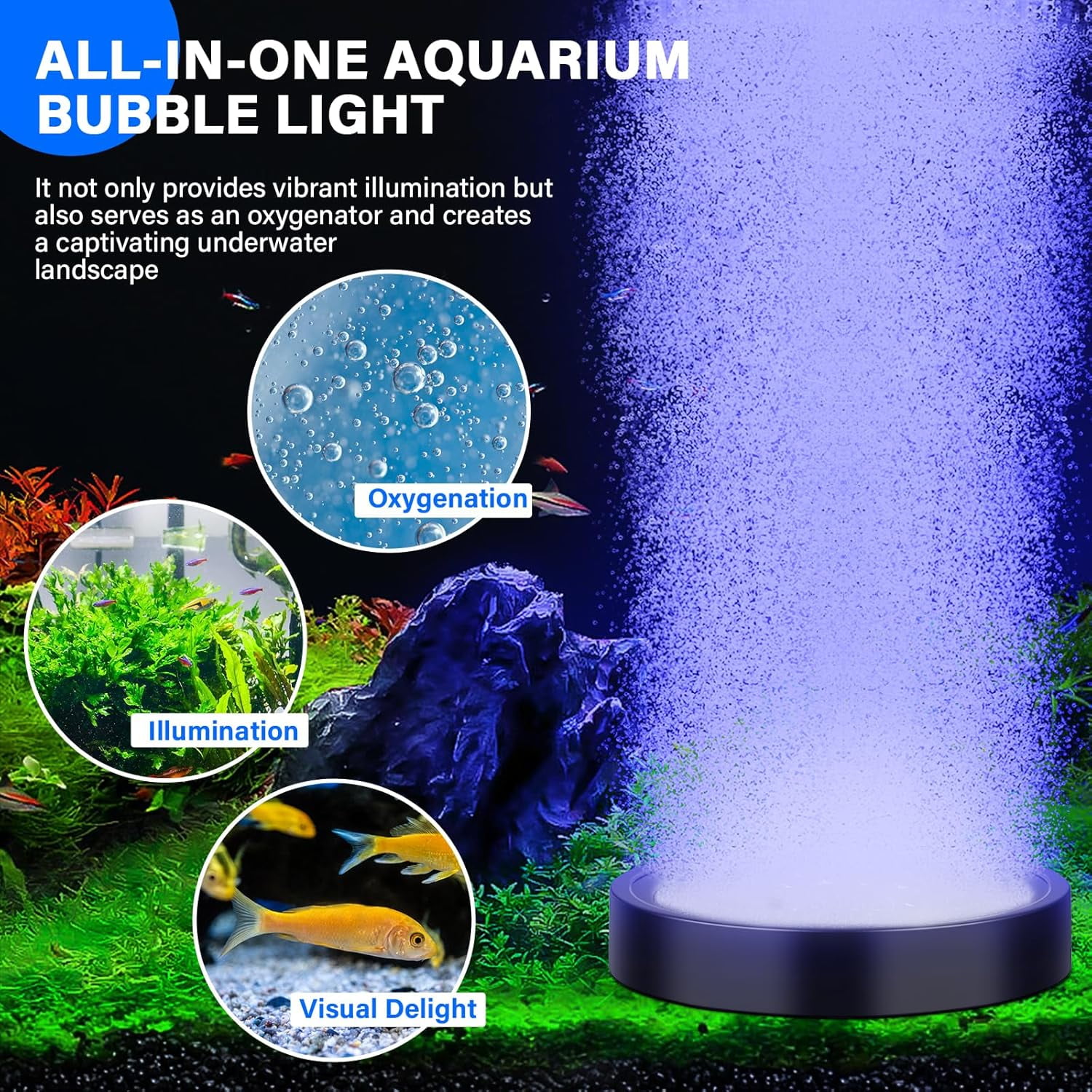Aquarium Light with Timer for Fish Tank,LED Fish Tank Bubbler Stone Disk Light, Aquarium Oxygenation Kit, Submersible Fish Tank Decorations Accessories for Fish Tank Decoration, Turtle Fish Tank Deco