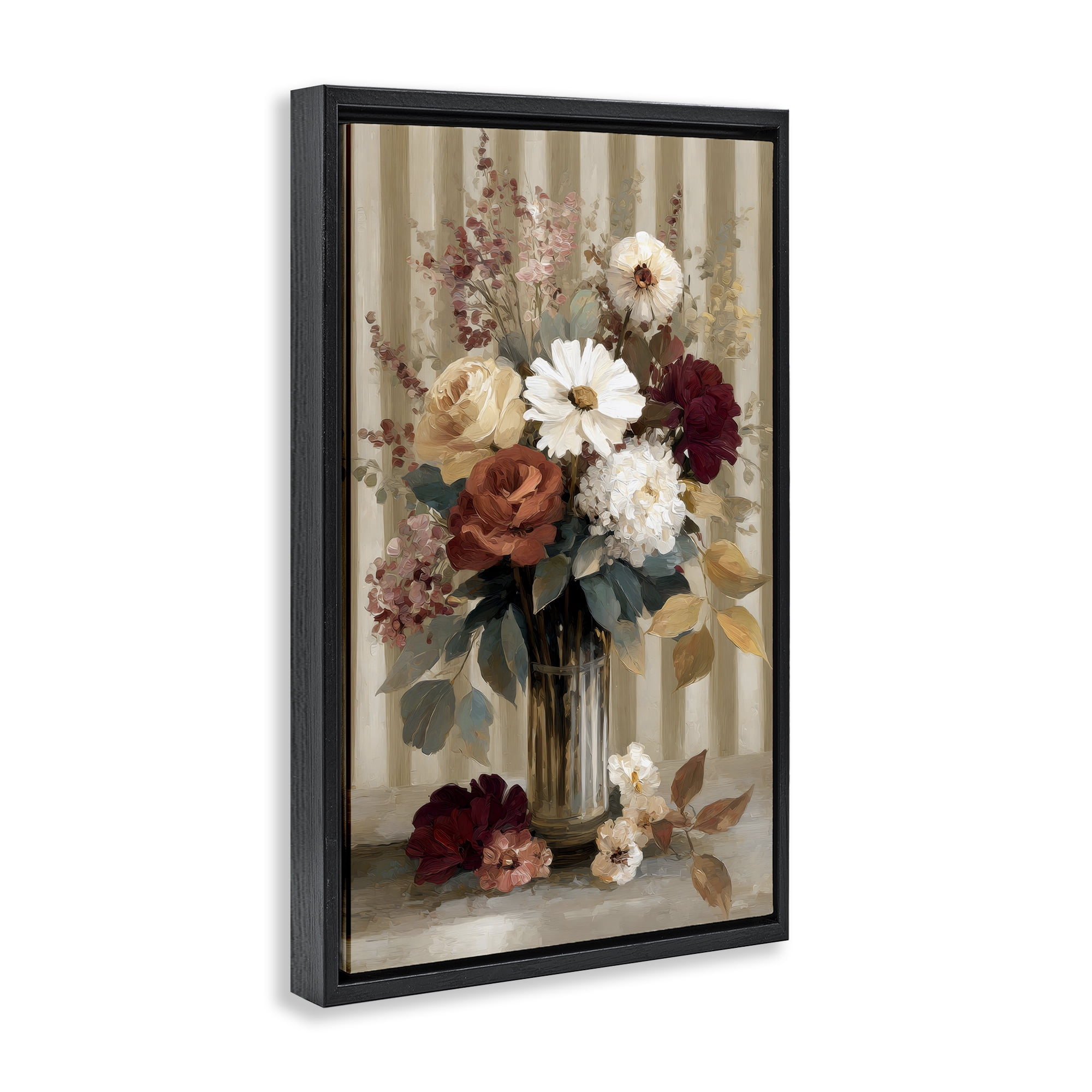 Stupell Industries Vintage Arrangement with Stripes Black Framed Floater Canvas Wall Art, design by Petal Prints Design