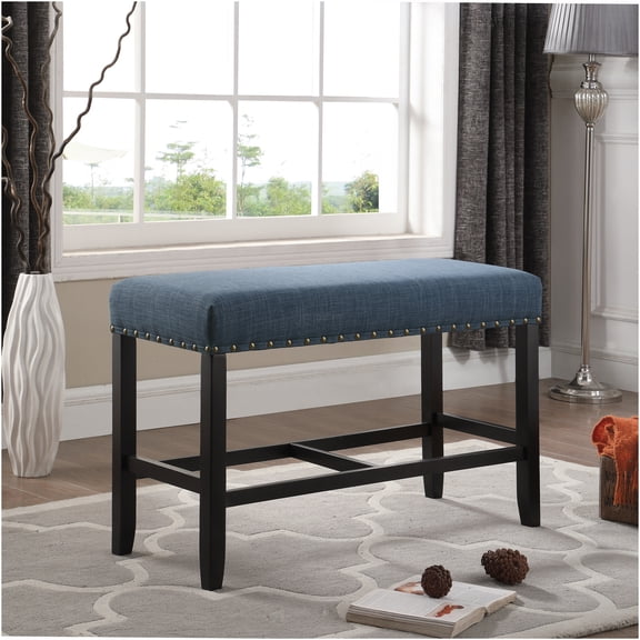 JERFIT Fabric Counter Height Dining Bench with Nailhead Trim Blue
