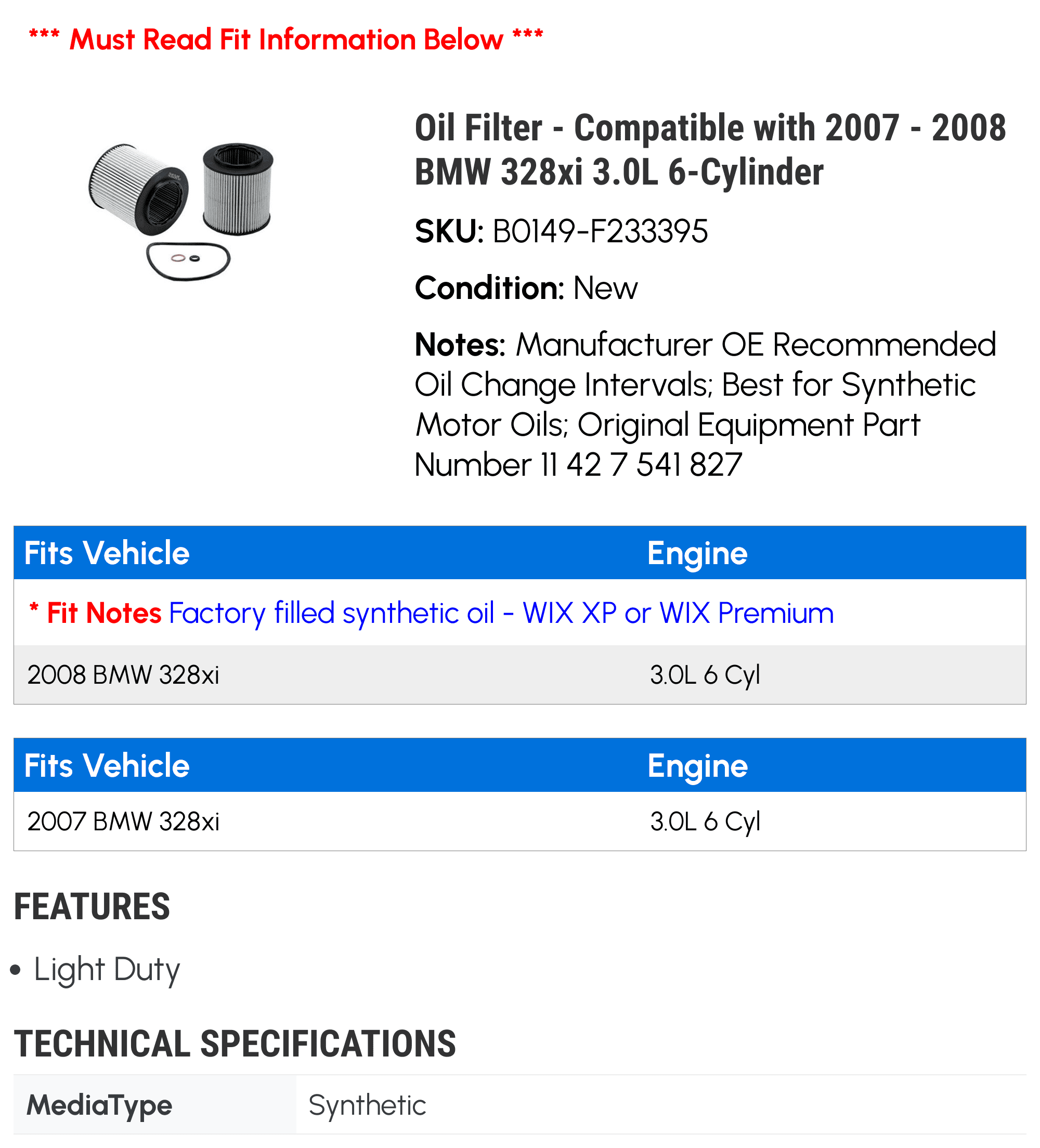 Oil Filter - Compatible with 2007 - 2008 BMW 328xi 3.0L 6-Cylinder