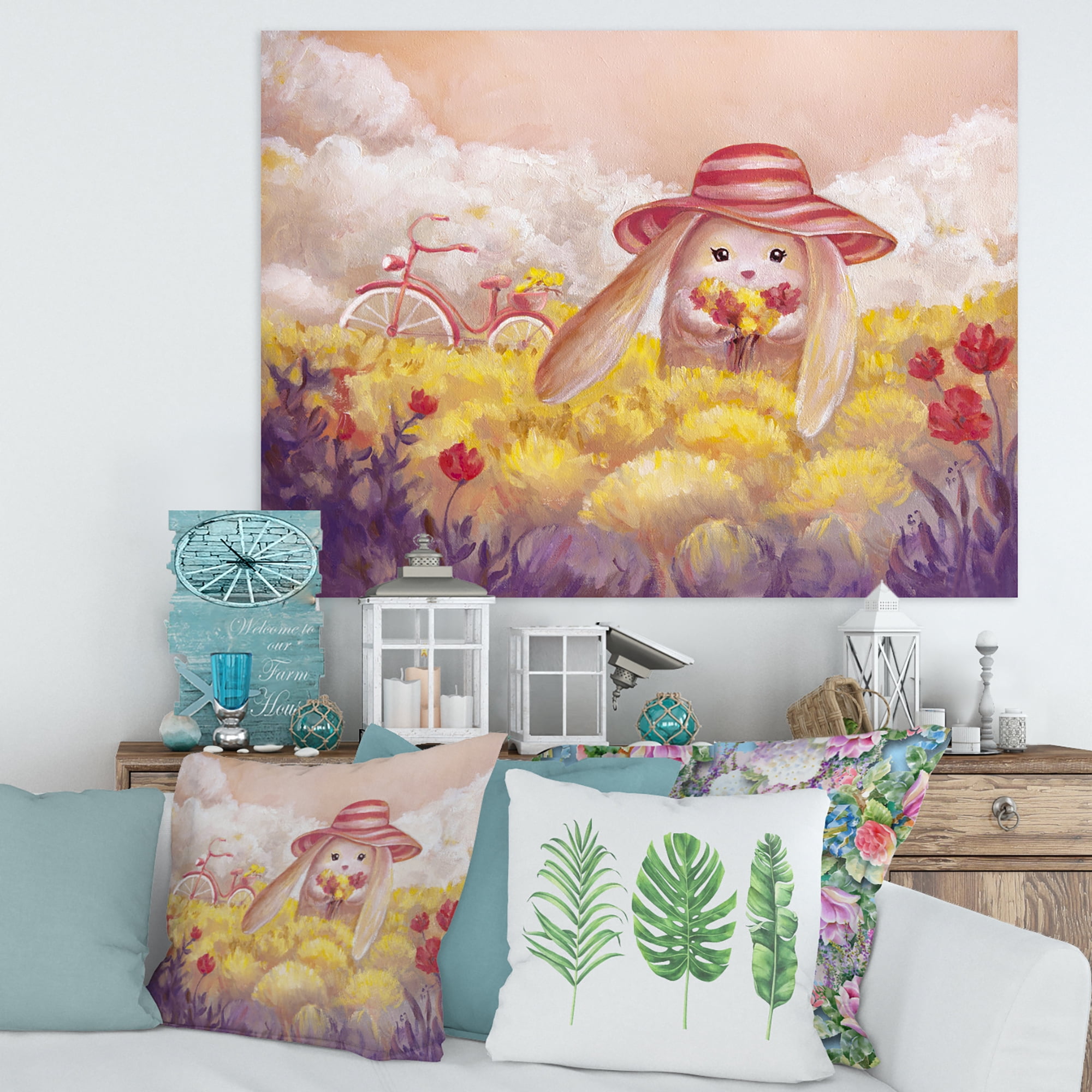 Designart ' Little Bunny With Yellow Flowers ' Traditional Canvas Wall Art Print
