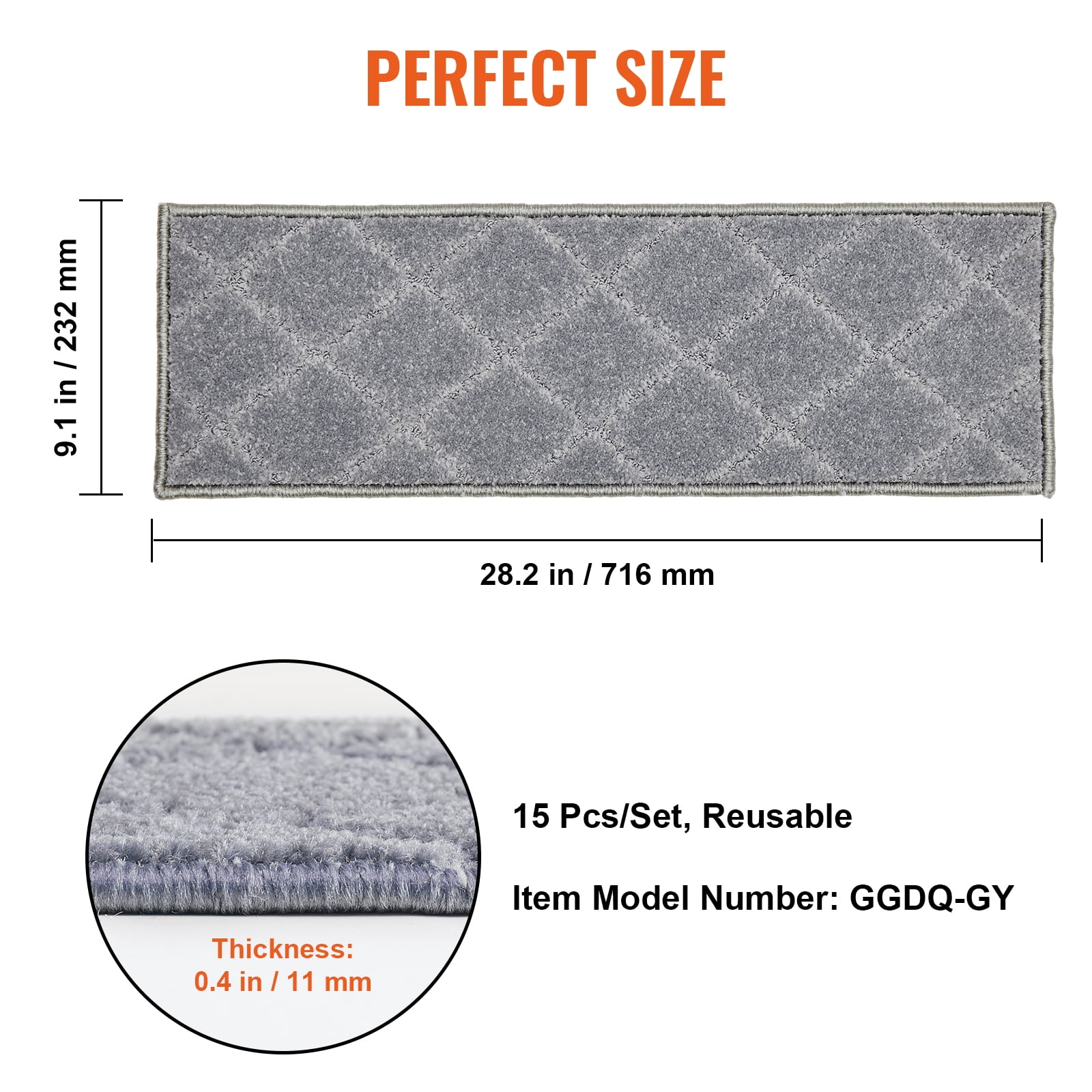VEVOR Stair Treads 9" x 28" Stairs Carpet Non Slip 15 pcs Indoor Stair Runner for Wooden Steps, Anti Slip Carpet Soft Edging Stair Rugs Mats for Kids Elders and Dogs, Gray