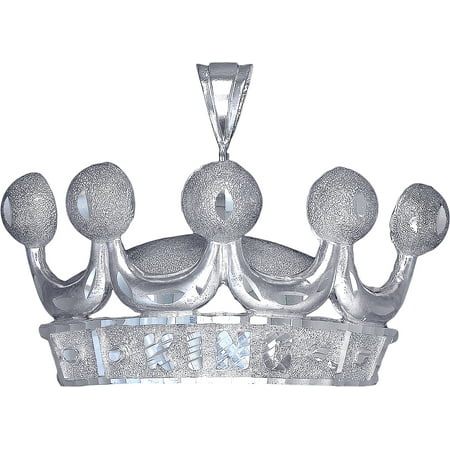Diamond Crown Charm - Huge Heavy Sterling Silver Crown Charm Pendant Necklace 28 Grams 2.6 Inches with Diamond Cut Finish and 24 Inch Figaro Chain