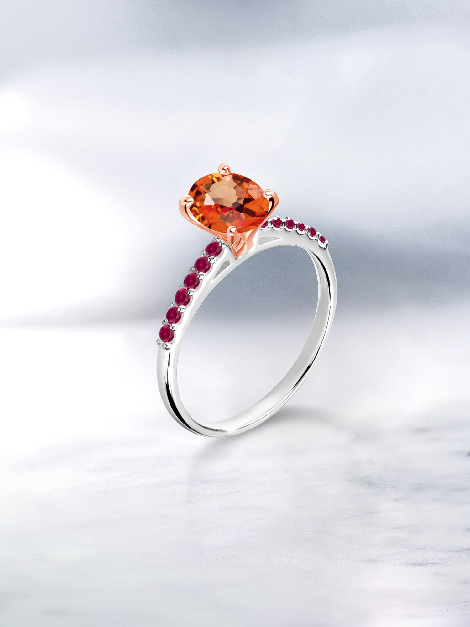 Gem Stone King 0.73 Ct Oval Orange Sapphire Red Created Ruby 925 Silver  Ring with 10K Rose Gold Prongs