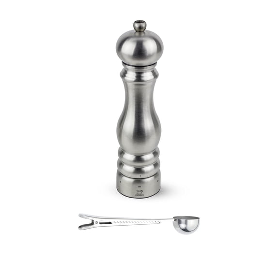 Peugeot Paris Chef u'Select Stainless Steel Pepper Mill - With Stainless Steel Spice Scoop/Bag Clip (9 -Inch, Pepper Mill)
