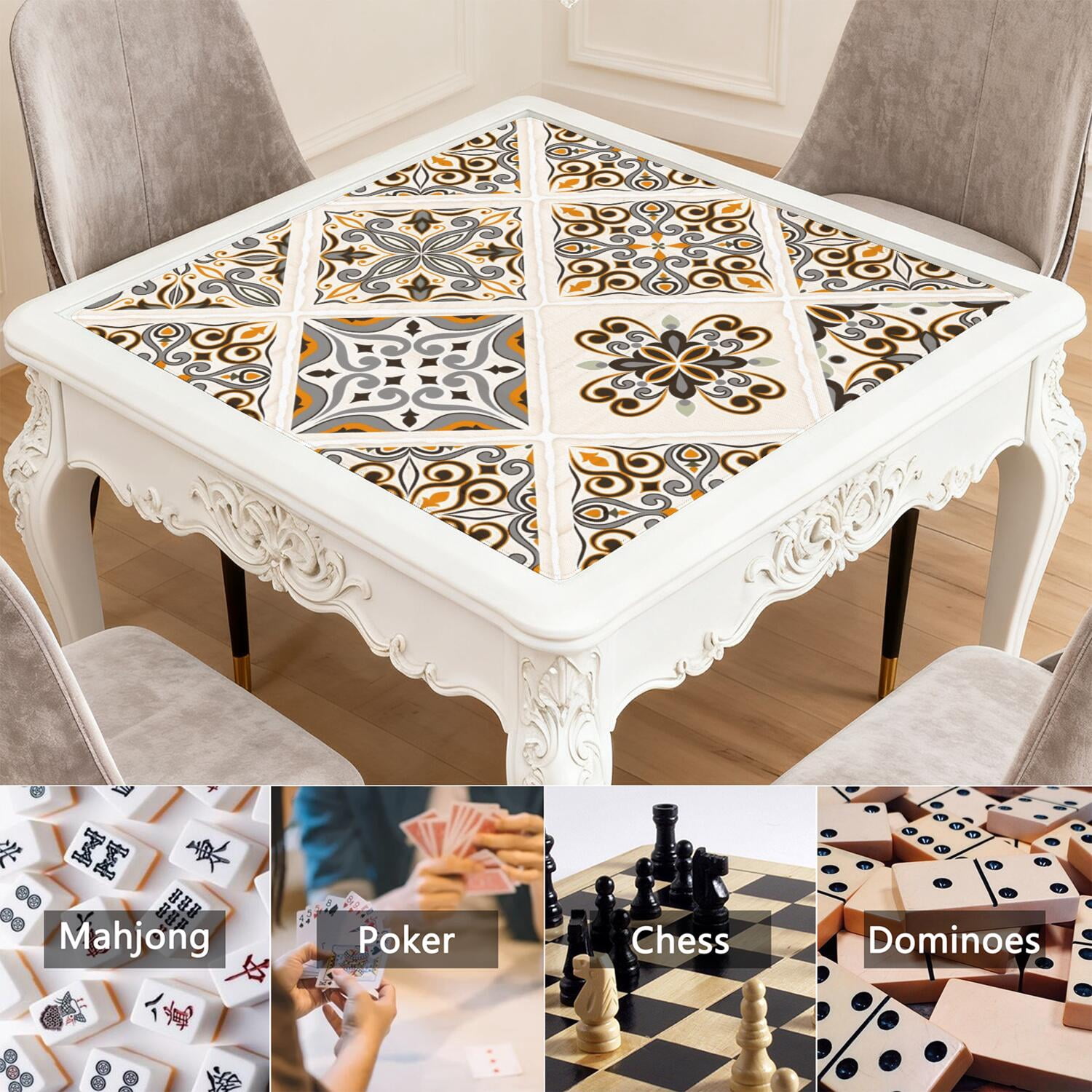 Boho Mahjong Mat for Table, 31.5*31.5in Anti Slip American Mahjong Table Cloth, Noise Reduction, Neoprene Mah jongg Mat with Carrying Bag & 3 Dices, Mahjong Accessories Gift for Board Tile Games Mats