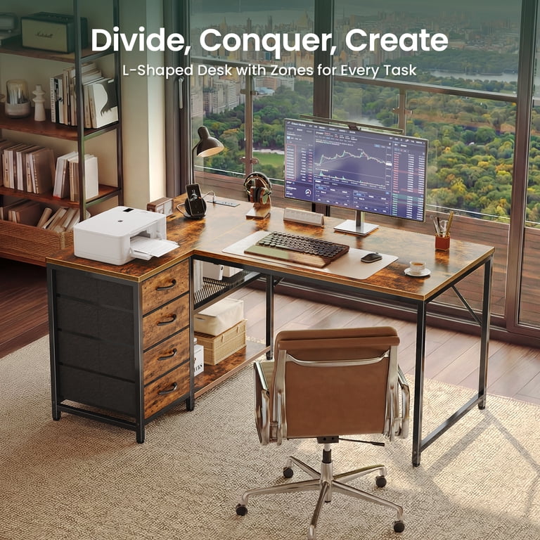Amadwell 43.3" L-Shaped Desk with Power Outlets, Brown photo 2