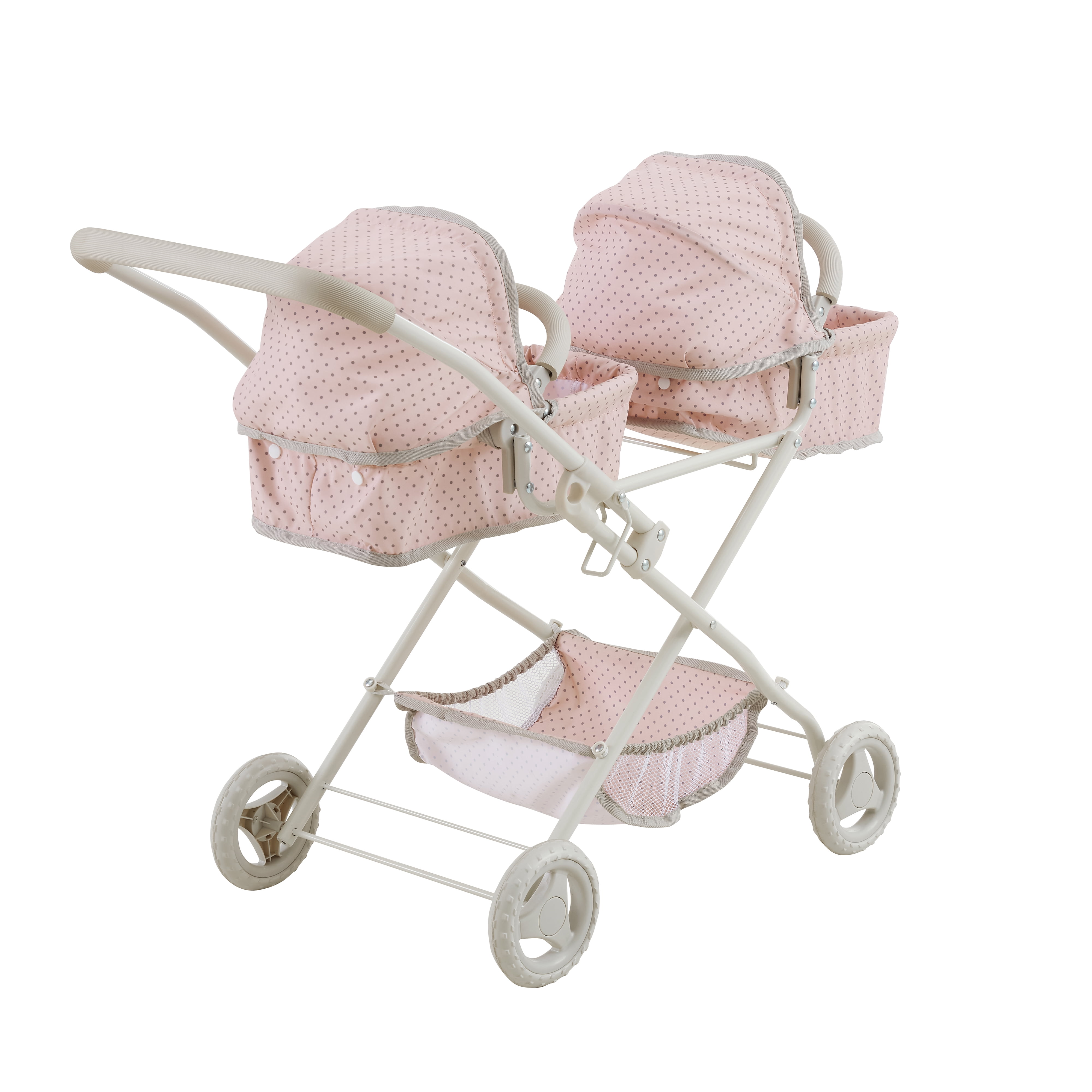 Olivia's Little World Polka Dot Princess Baby Doll Twin Bassinet Stroller with Retractable Canopy & Storage, Pink/Gray