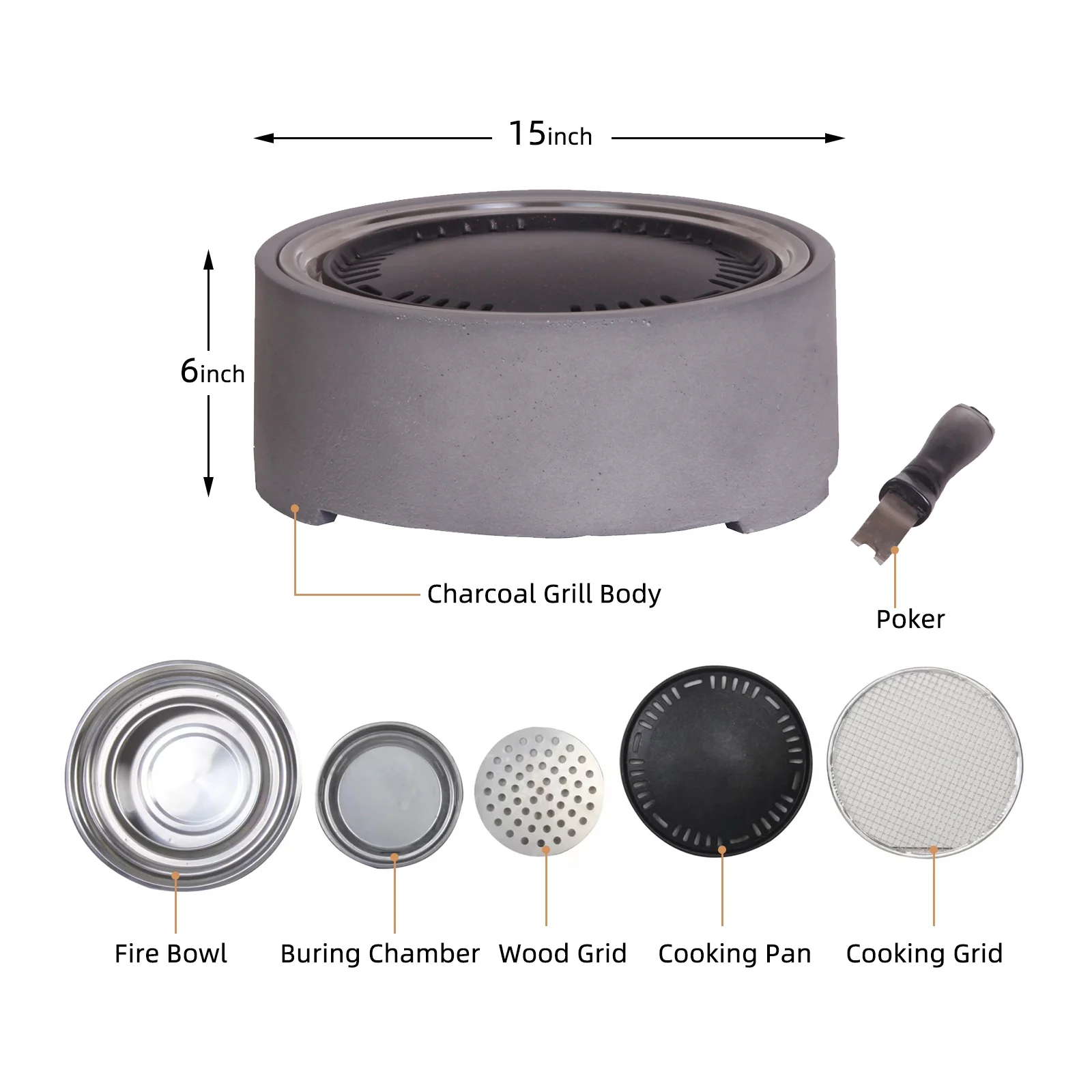 Afterglow 15 Inches Charcoal Grill Barbecue Smoker Stove Tabletop BBQ Outdoor Party for Patio Garden Backyard Decking Camping, Gray