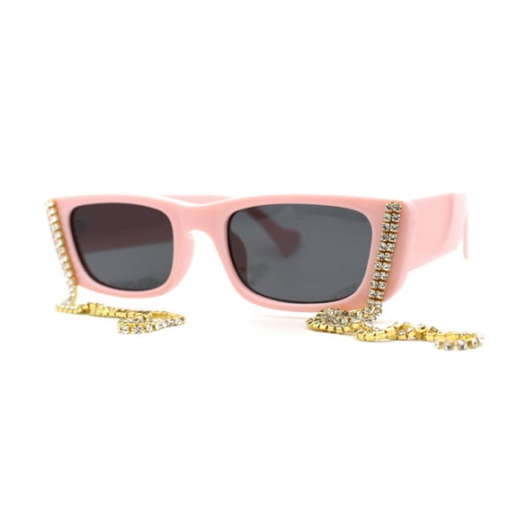 Rhinestone Tassel Jewel Chain Mod Rectangle Sunglasses Pink Black