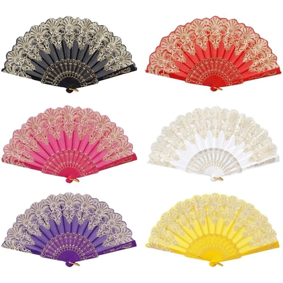 Byfri 6 Pack Gold Trim Floral Folding Hand Fans Clacking Handheld Fans for Line Dancing Weddings 43x24cm