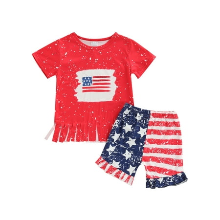 

Frobukio Independence Day Kids Baby Girls Clothes Set Short Sleeve Tassel Hem T-Shirt + Star Stripe Shorts Sets Red 3-4 Years