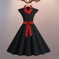 thumbnail image 4 of Lohuatrd Elegant Ladies Dress Dot Printed Lapel Collar Bow on Waist Sweet Style Casual Party Dress Sleeveless Tight Waist Slim Mid-length Dress Women Summer Clothing, 4 of 8