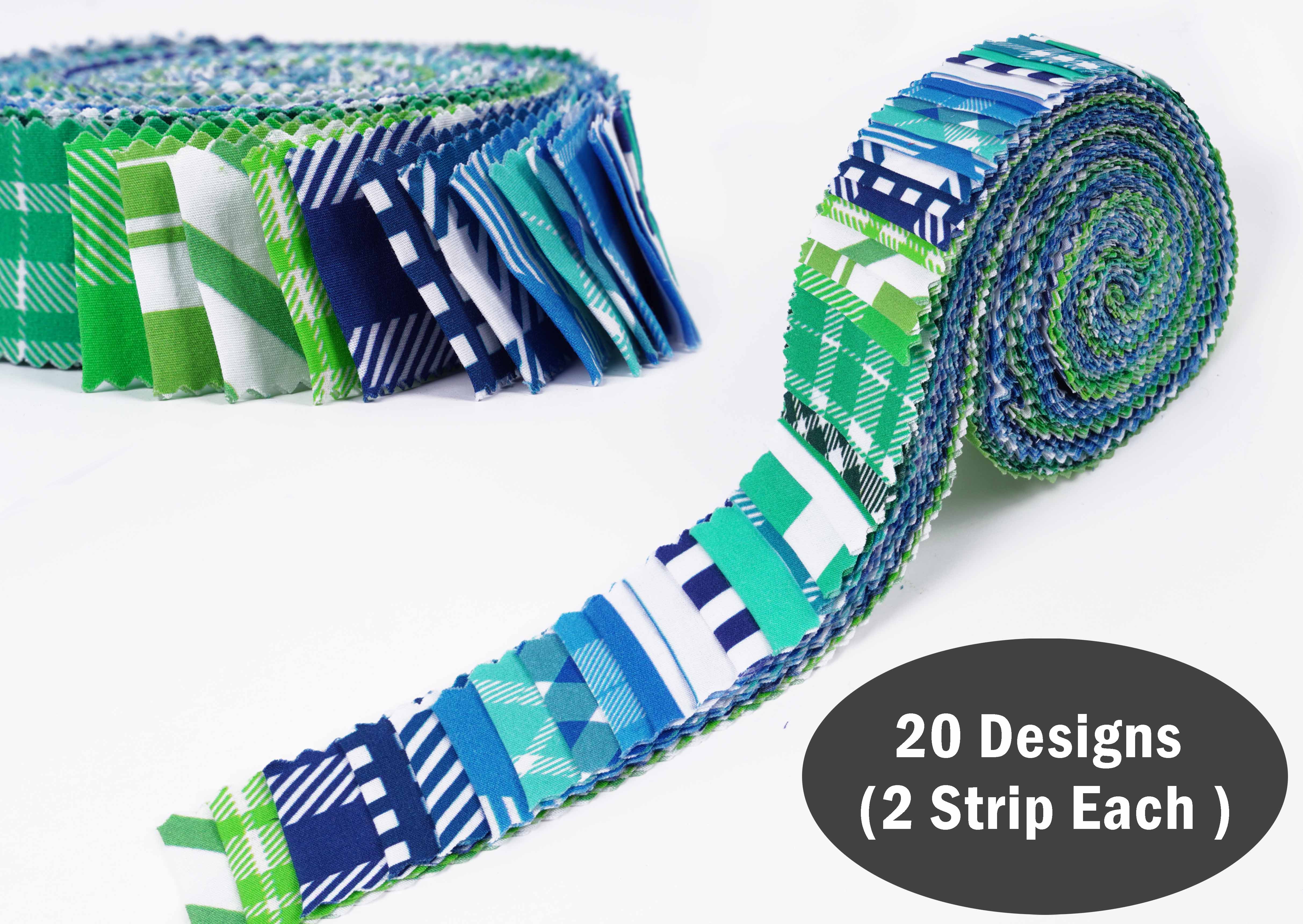 Soimoi 40Pcs Check & Tartan Print Precut Fabrics Strips Roll Up 1.5x42inches Cotton Jelly Rolls For Quilting - Blues & Greens
