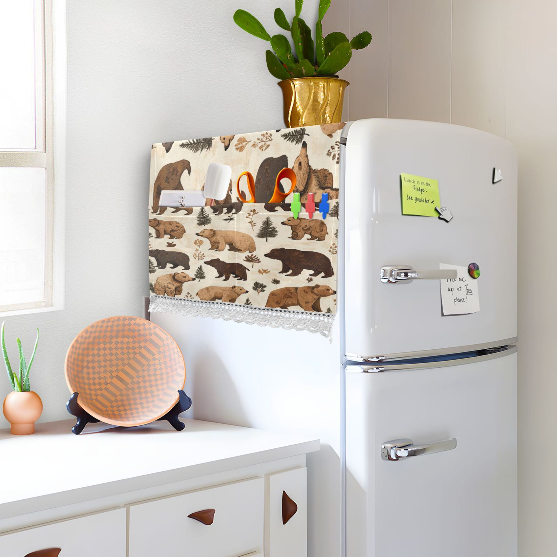 Brown BearWasher and Dryer Covers Dust-Proof and Oil Resistant Fridge Cover with 4 Storage Pockets Washing Machine Top Cover for Laundry Kitchen Home 51.2 x 22 In