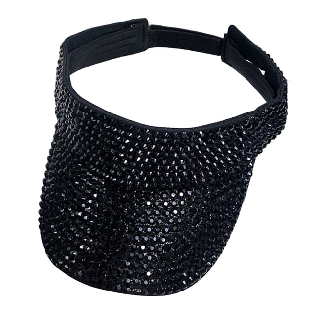 Sombrero de sol con visera de diamantes de imitación brillantes, ajustable, de ala ancha, para mujer, para actividades al aire libre. cristal negro