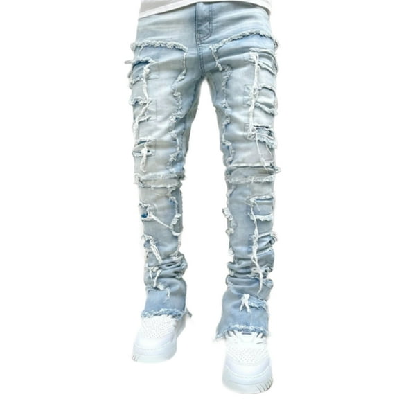 Yokua Men's Straight Slim Fit Ripped Distressed Denims Pants Trousers Fashion Jeans