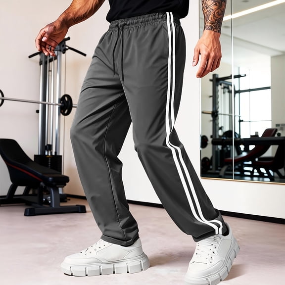 Domuza Casual Sweatpants for Men Lightweight Pants Drawstring Waist Straight Leg Workout Striped Pants with Pockets Gray XL