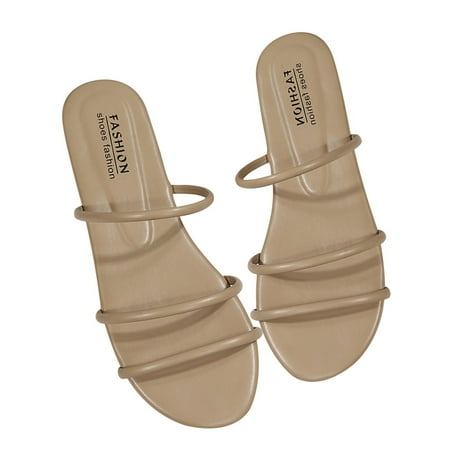 

Summer Savings Clearance! PEZHADA Womens Sandals Slippers for Women Casual And Comfortable Wear Bright One-word Thin Belt Flat Slippers Khaki