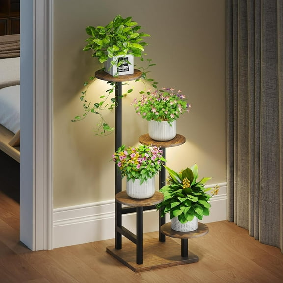 Plant Stand Indoor with Grow Light,4-Tiered Tall Plant Stand Indoor, Metal Plant Shelf with Adjustable Light, Ideal for Living Room, Garden, Patio (Black Brown)