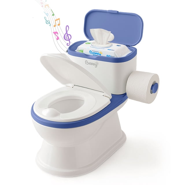 BEBBLY Bañito Entrenador Infantil con Sonido Musical Portarrollo y Almacenamiento Asiento Antiderrapante para Niños y Niñas de 6 Meses a 3 Años Fácil de Limpiar Ideal para Aprender a Ir al Baño (Azul)