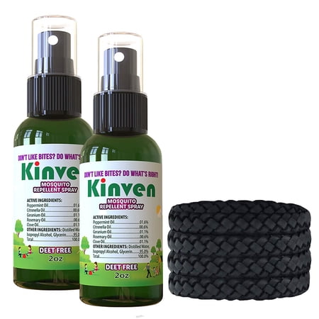 Kinven Bracelets and Spray Pack for Mosquito - 2 x 2oz Spray Bottle + 4 Bracelets, Black, Great Looking and Natural, Insect Wristband & Spray, Waterproof, Indoor Outdoor Protection for Adults & Kids