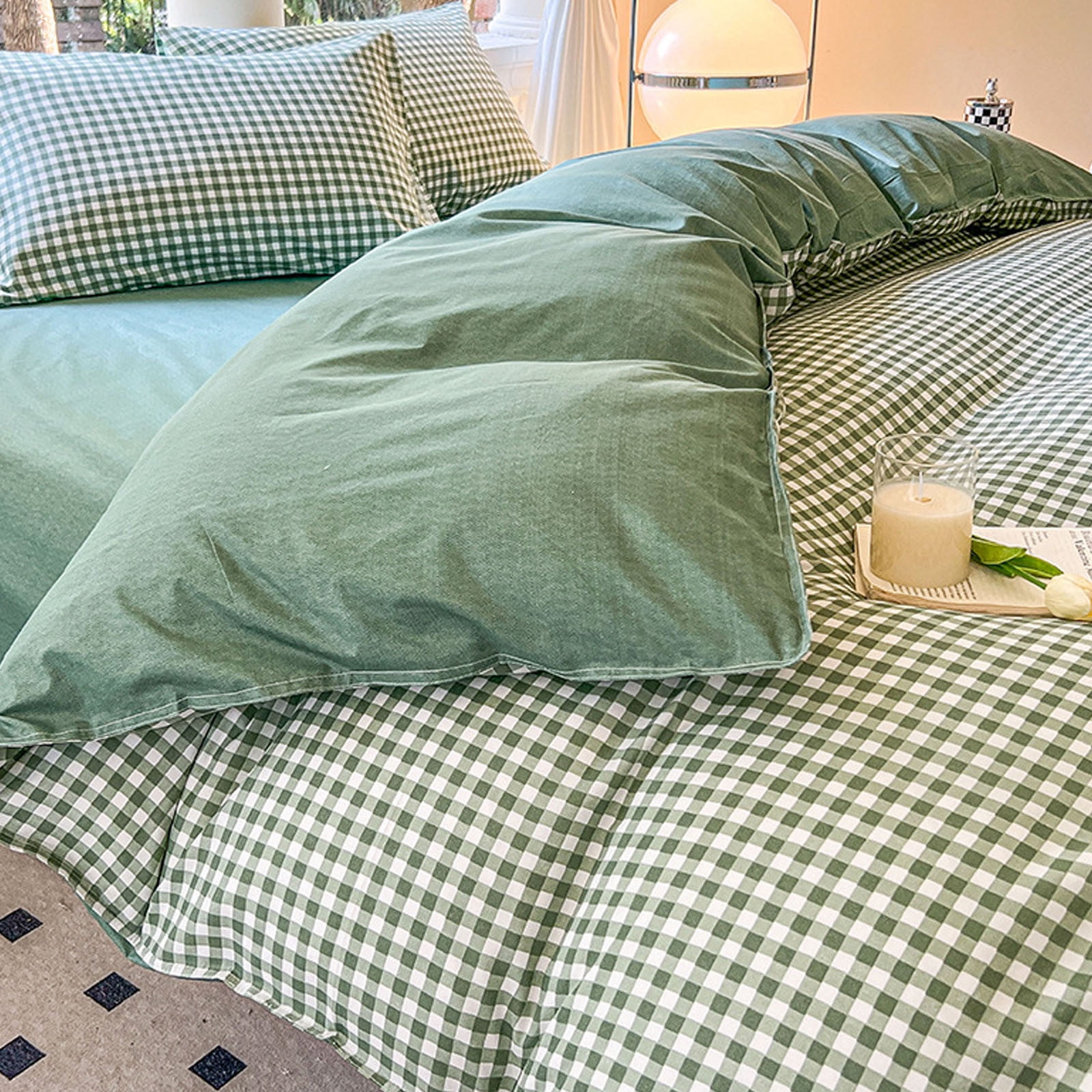 Bedding Sets Queen - Green Polyester Bed Sheets, 4 Piece Duvet Cover Set, Soft Wrinkle Resistant, Easy Care